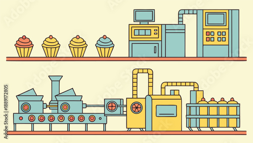 Automated cupcake production line with factory equipment and sweet treats silhouette high quality professional detailed modern