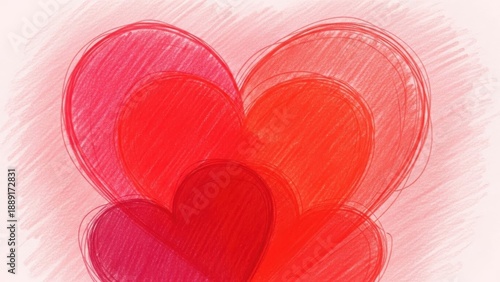 Valentine's day hearts background, hand drawn with scribbled lines and gradients in shades of red and pink