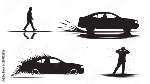 Car Accident with Distraught Person in Silhouette on White Background for Safety Campaign