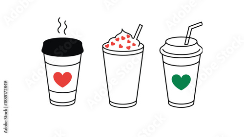 A set of colorful coffee cups with hearts and straws on a white background