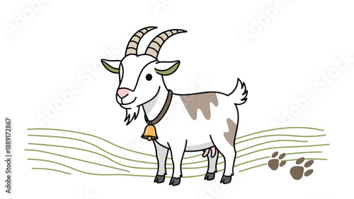 Friendly cartoon goat with a small bell around its neck standing on stylized green grass in a simple farm scene.