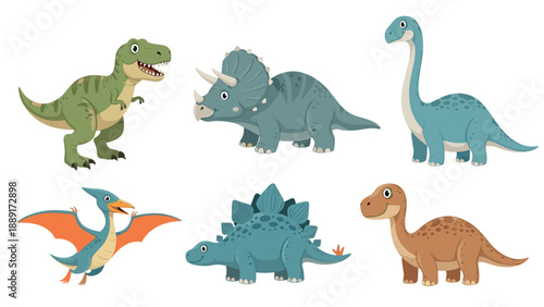 Set of colorful cartoon dinosaurs including a T-Rex, Triceratops, and Brachiosaurus, ideal for kid's room decor.