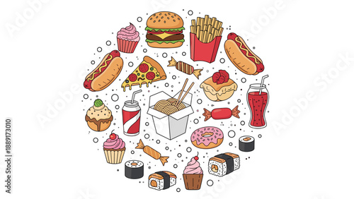 Circular collage of hand-drawn fast food and snack icons like burgers, pizza, hot dogs, and various sweet treats.