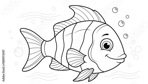 Friendly fish line drawing swimming in the ocean with bubbles, designed as a simple coloring activity for kids.