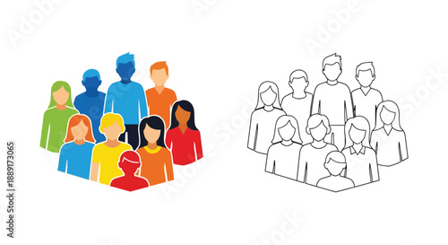 Diverse group of people represented in color and as a line drawing