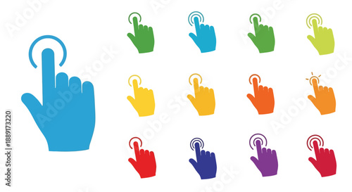 Colorful hand icons demonstrating pointing and pressing actions on buttons