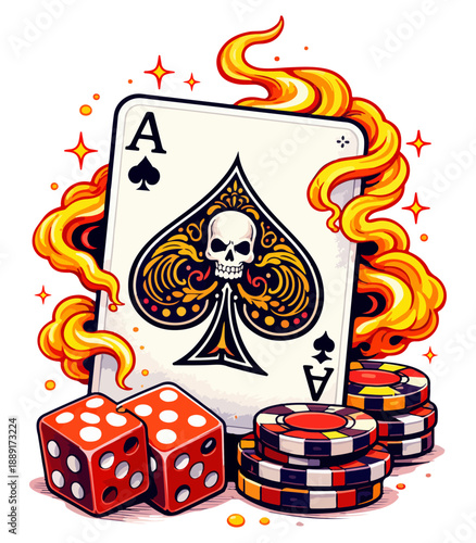 Ace of Spades Skull Poker Illustration with Dice and Casino Chips, Flaming Gambling Vector Art, Dark Fantasy Casino Design Isolated on White Background
