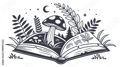 An open book reveals a magical forest scene with mushrooms and foliage a silhouette high quality