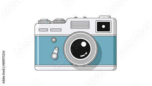 Stylized illustration of a vintage film camera in blue and grey tones, perfect for photography enthusiasts.