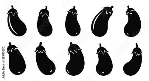 A collection of black silhouette illustrations depicting various eggplants