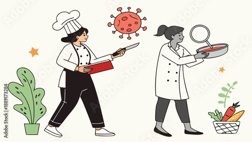 Two female chefs facing a virus threat while cooking depicted in a striking silhouette high quality