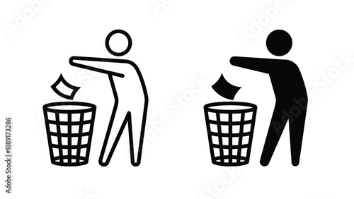 Two stick figures throwing paper into trash cans on a white background