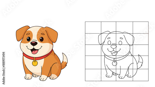 Educational grid drawing activity for kids featuring a cute brown puppy with a red collar to practice sketching.