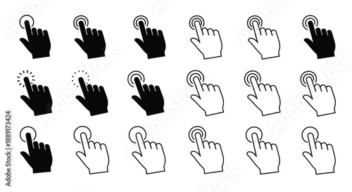 Collection of black and white hand icons depicting pressing and pointing