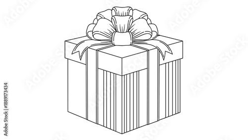 Detailed line drawing of a square gift box wrapped with a ribbon and an elaborate bow, ready for holiday coloring.