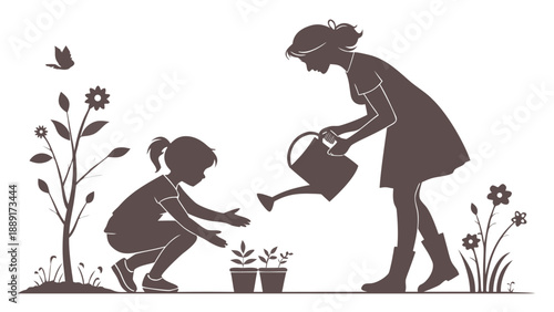 A mother and daughter gardening together in a charming illustrative silhouette high quality professional detailed modern