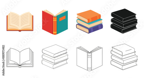 Collection of colorful and outlined book icons in various orientations