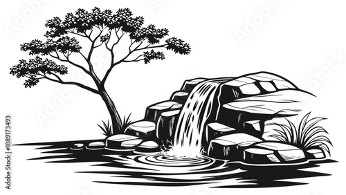 A serene landscape featuring a waterfall trees and rocks in a striking silhouette high quality professional