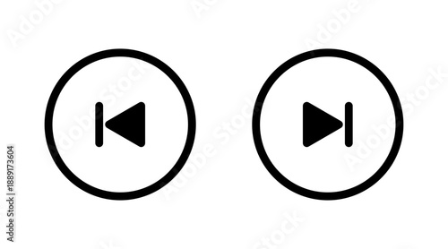 Previous and next track media player control buttons set for audio and video interfaces. Outline style Icon.