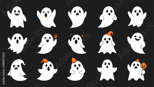 Extensive collection of fifteen different white cartoon ghosts with varied expressions on a dark black background.