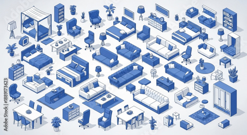 Minimalist Isometric Furniture Icons for App Interface and Web Design