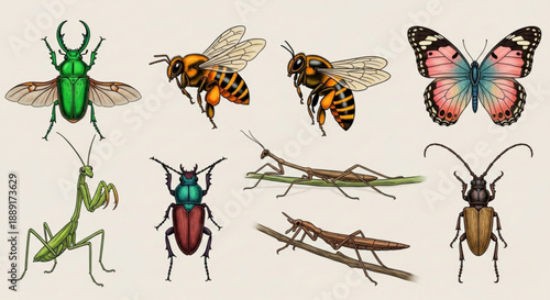 Vintage Botanical Style Insect Collection with Colorful Butterfly Illustrations