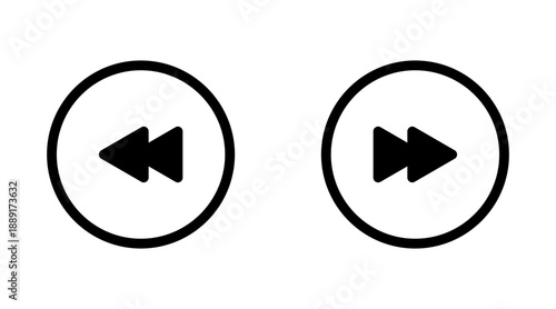 Black fast forward and rewind arrows in circular buttons for media player control. Outline Version.