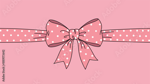 Decorative pink ribbon with white polka dots tied into a neat bow across a light pink background for gift wrap.
