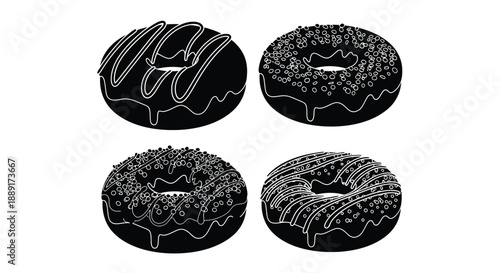 Four black and white illustrations of donuts with various toppings