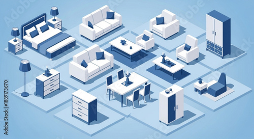 Isometric Living Room Furniture Set with Sofa Chairs and Tables