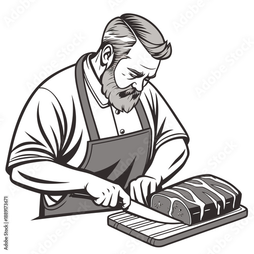 A bearded man skillfully slices bread with a knife on a cutting board silhouette high quality