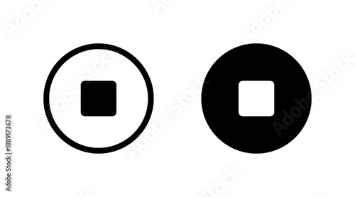Stop button icon set for media control and user interface designs with outline and solid dark versions