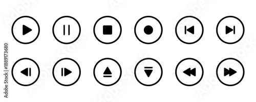 Essential media player control icons set with play, pause, stop, and navigation symbols. Outline Versions.