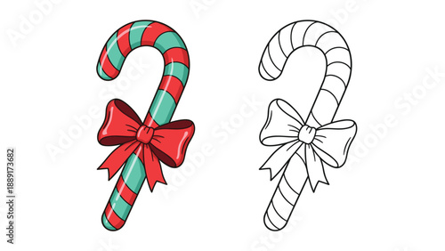 Christmas candy cane with a red bow tie presented in both color and black and white line art for coloring fun.
