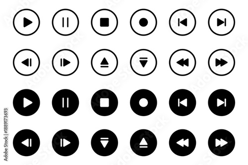 A comprehensive collection of media player control icons with outline and solid styles. play, pause, stop, record, navigation, and eject symbols.