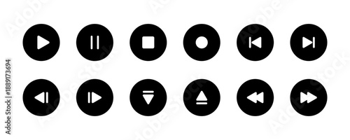 Black media player control icons set with play, pause, stop, record, navigation, and eject symbols. Solid Styles