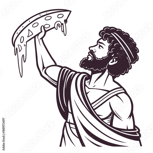 Ancient greek man triumphantly raising a dripping slice of pizza a bold silhouette high quality professional