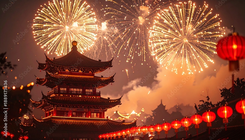 Fototapeta premium Glowing fireworks and cultural festivities at chinese temple during lunar new year