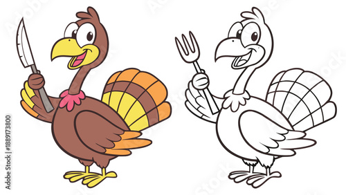 Two cartoon turkeys one colored and one outlined playfully wield cutlery a silhouette high quality professional