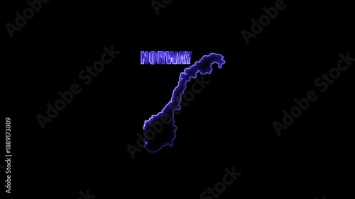 Norway map outline with neon effect and country name in blue glowing letters on black background neon map