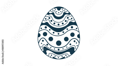 Dark blue and white patterned easter egg with waves and dots isolated on a plain white background for decoration.