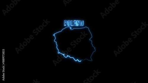 Glowing Blue Outline Map of Poland with Neon Effect on Black Background