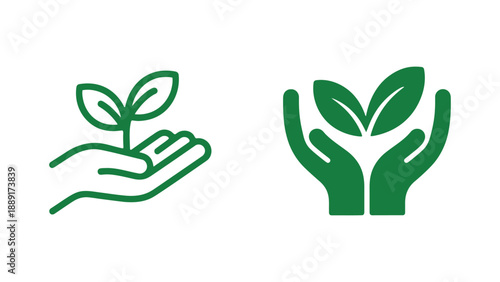 A green icon of hands holding a growing plant symbolizing nature and growth