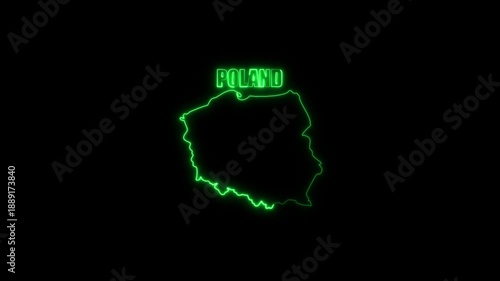Neon Green Poland Map Outline with Country Name on Black Background country outline