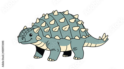 Cartoon illustration of a blue armored ankylosaurus dinosaur with bony plates and a club tail for kids education.
