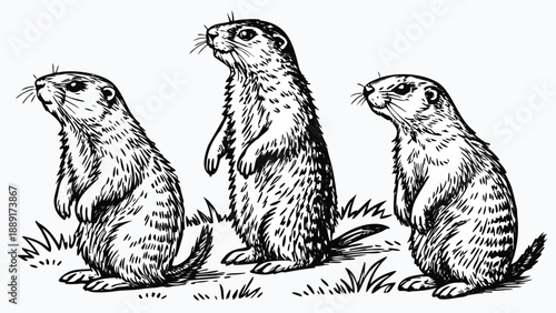 Three prairie dogs stand upright observing their surroundings in a detailed silhouette high quality professional modern