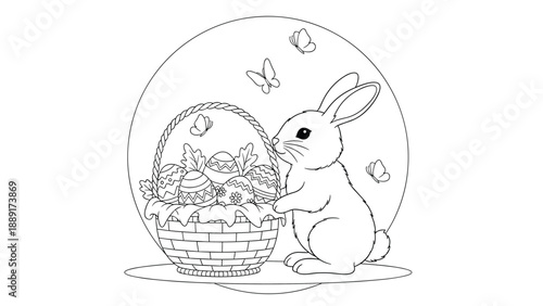 Detailed coloring page for kids featuring a cute rabbit standing next to a basket filled with decorated easter eggs.