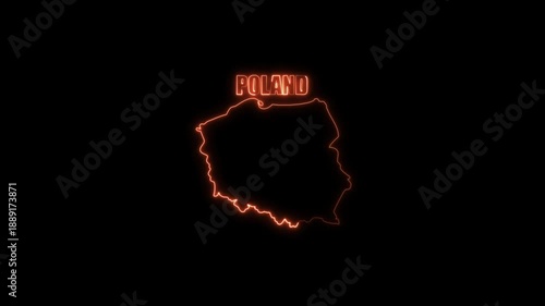 Neon Poland Map Outline with Country Name in Orange on Black Background glowing