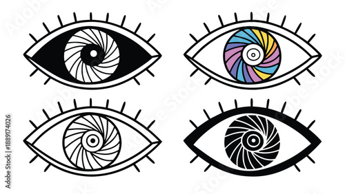 Four colorful patterned eyes displayed in a grid arrangement striking visual design silhouette high quality professional