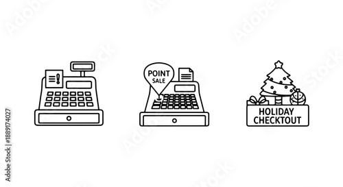 Holiday Season Checkout and Point of Sale Icons: Retail Shopping and Payment Processing for Festive Sales
